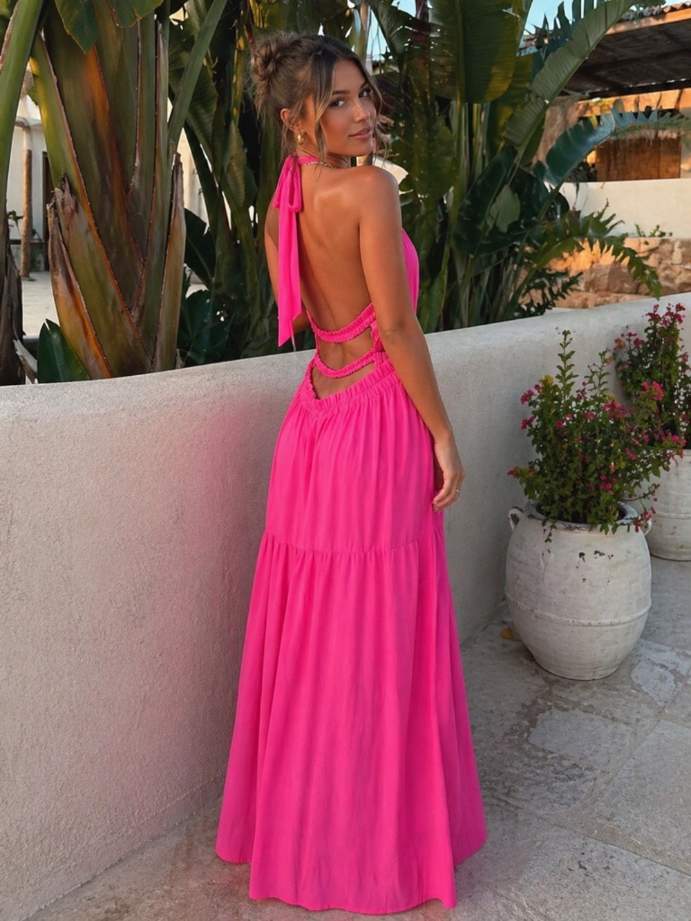 She’s So Soca Sz M Hot Pink Halter Maxi Dress Open Back Flowy Resort Barbiecore